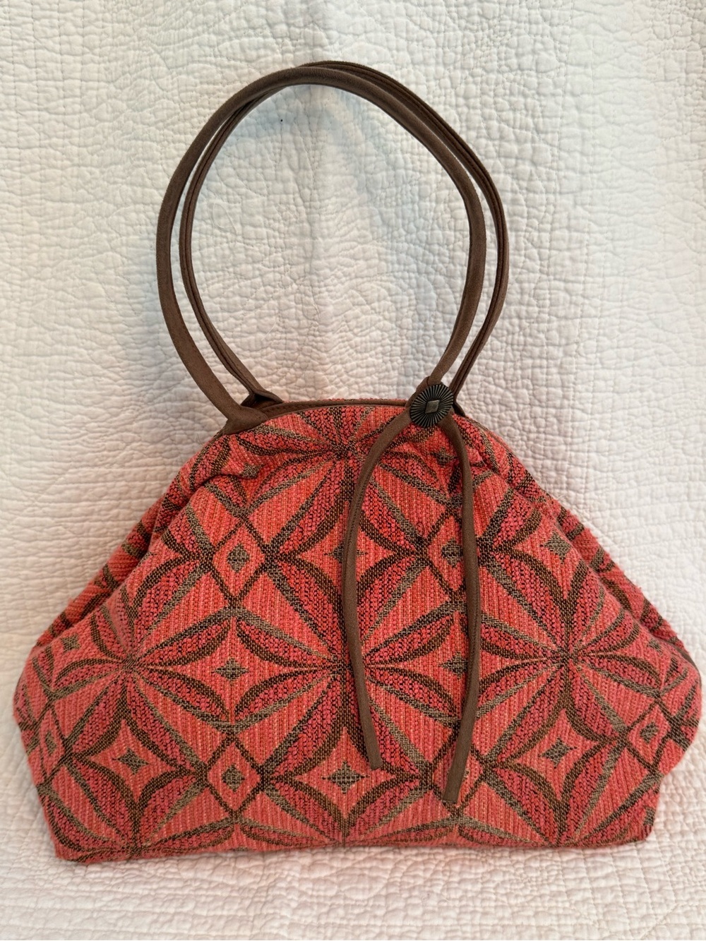 Atenti USA Made Tapestry Handbag Coral and Brown Geometric Print Shoulder Bag